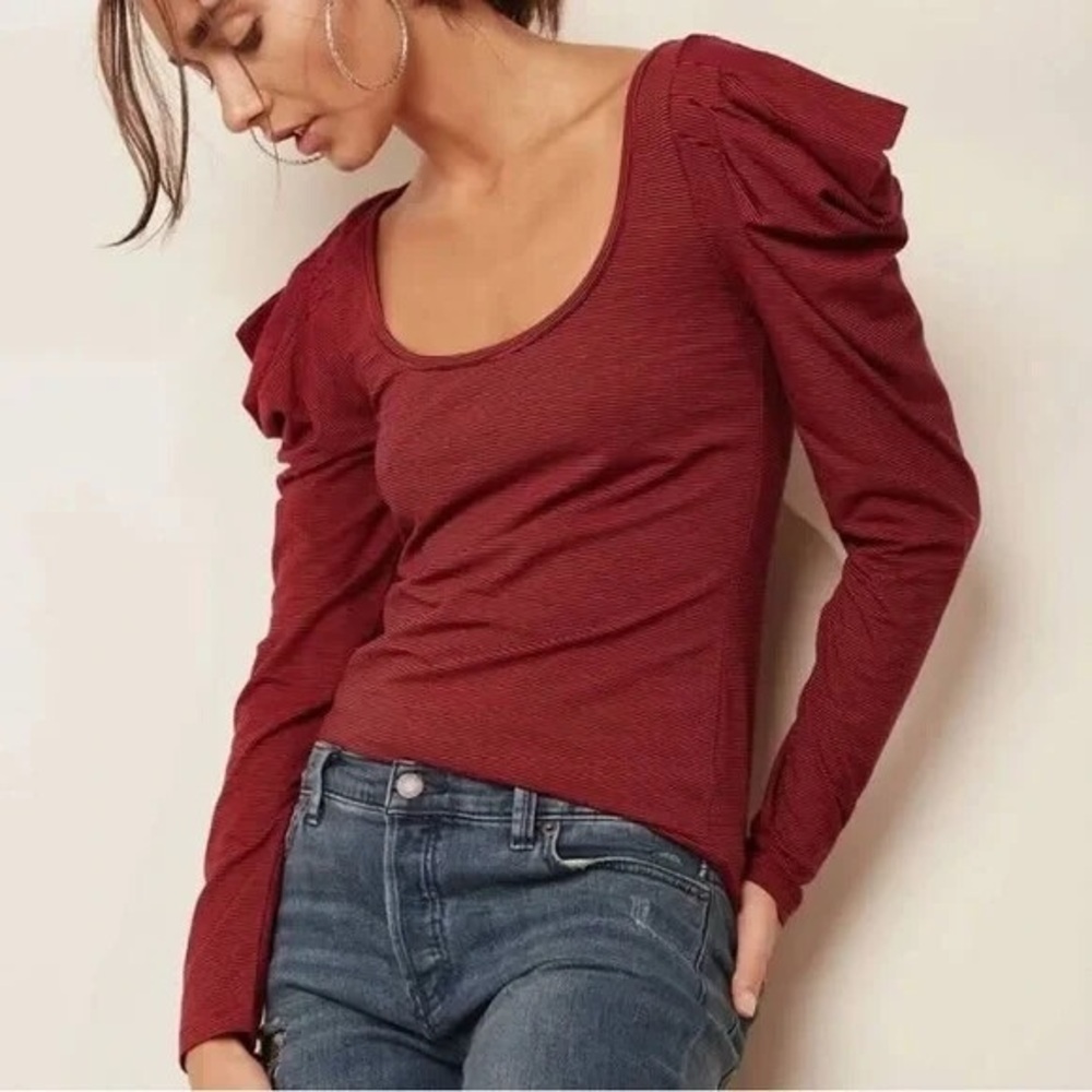 Free People Penelope Puff Sleeve Long Sleeve Medium Stripe Red Black Holiday